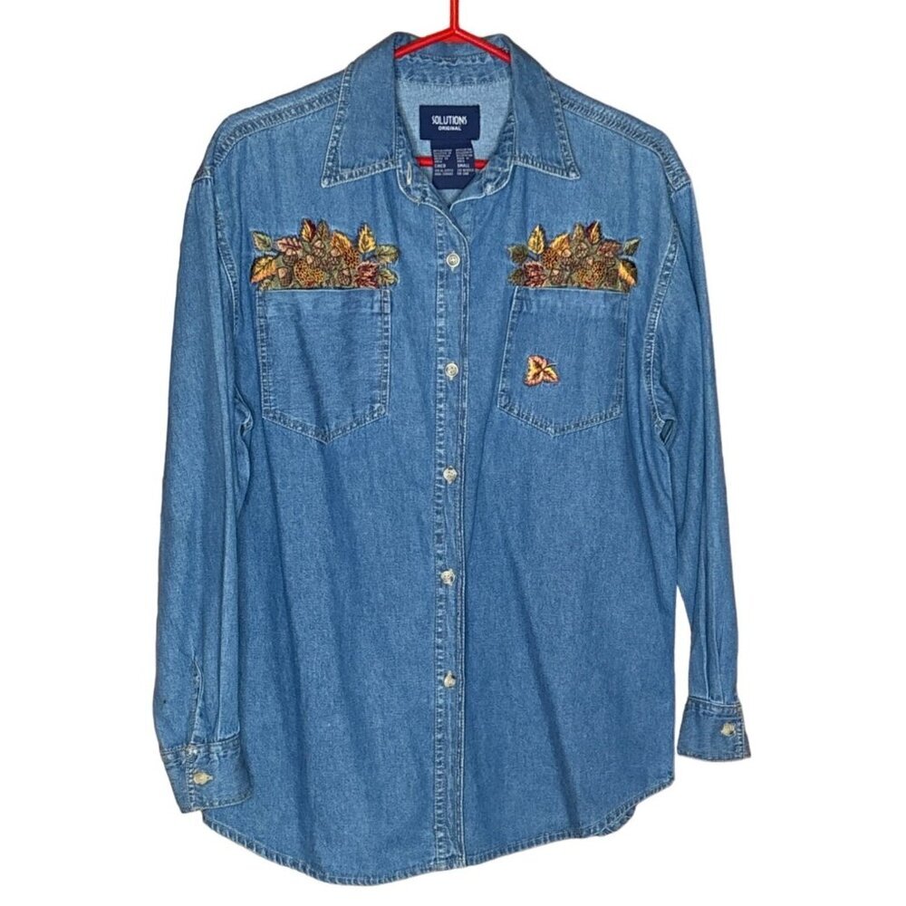 Solutions Original Vintage Women's Fall Leaves Acorns Embroidered Denim Button S